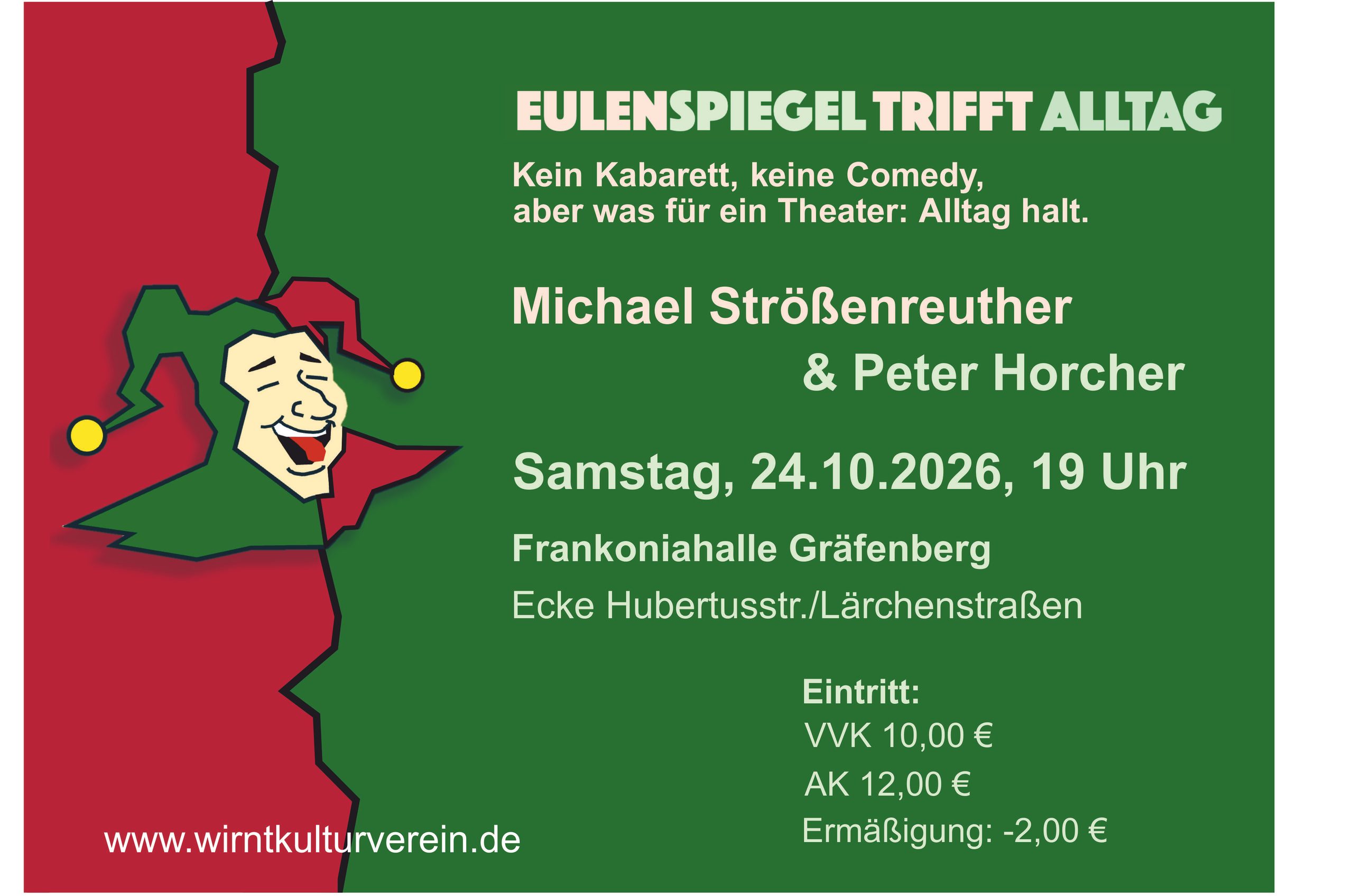 Ankündigungs-Key-Visual für die Veranstaltung Eulenspiegel trifft Alltag, mit den Veranstaltungsdetails: 24.10.2026, 19 Uhr, Frankoniahalle Gräfenberg